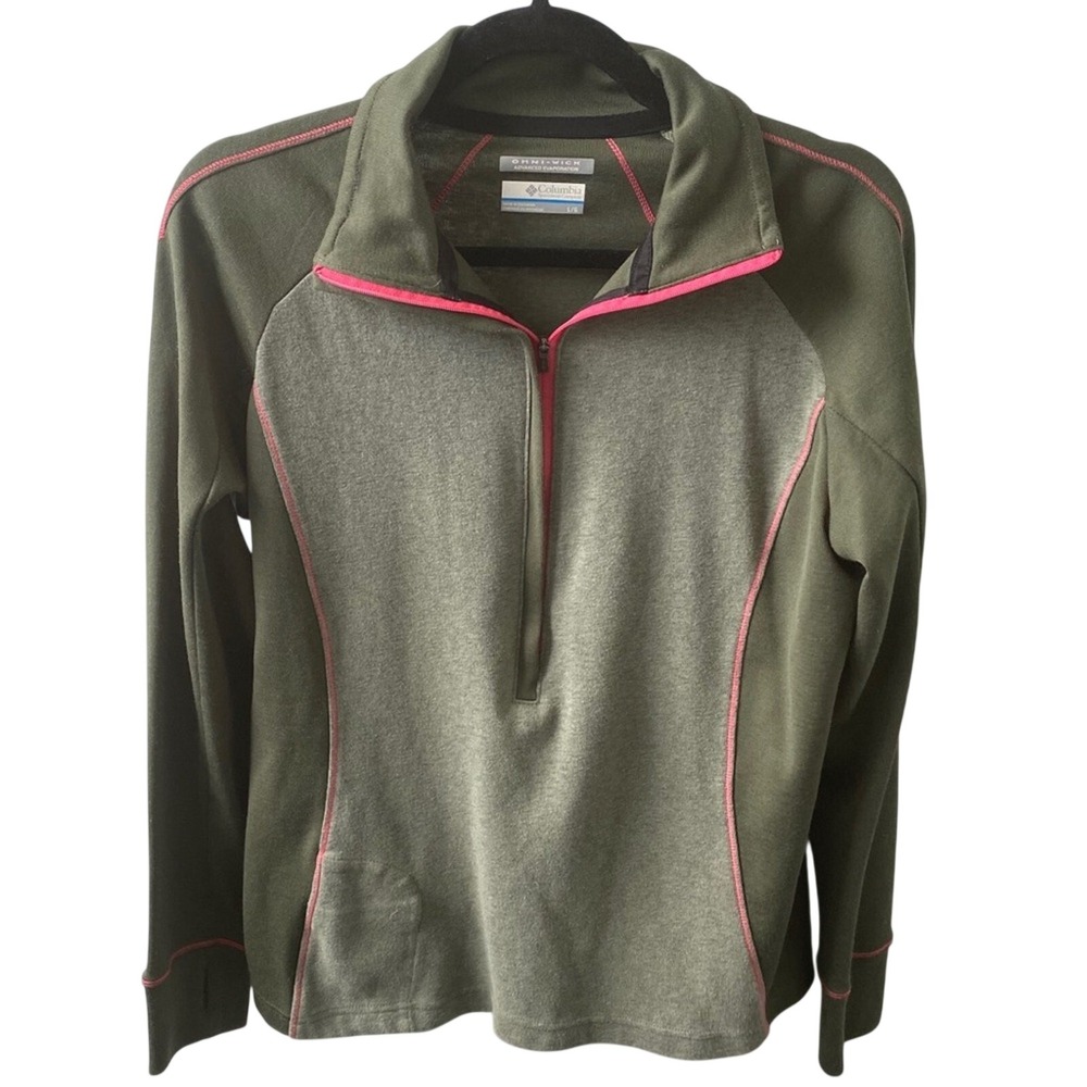 Columbia Women's Olive Green Omni-wick Half Zip Pullover Pink Piping Size L